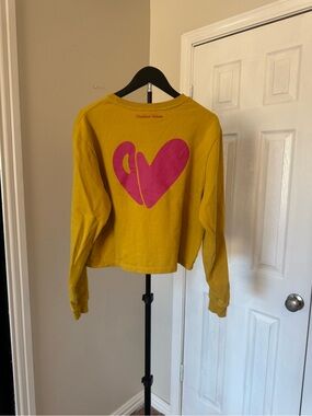 Outdoor Voices womens Yellow Long-Sleeve Sweatshirt with Pink Heart Graphic